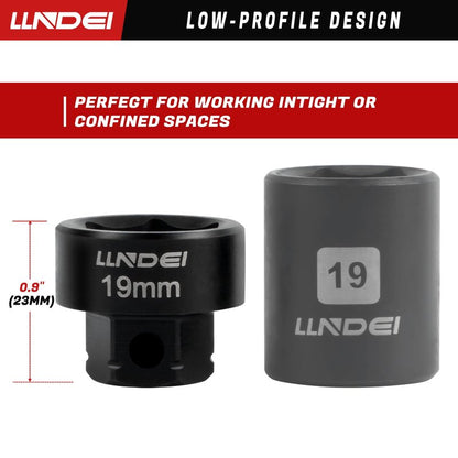 LLNDEI 3/8" Drive Stubby Impact Socket Set Metric 6-19mm, 19-Piece Cr-Mo Nano Socket Set with 2 Extension Bars (6" & 15"), Universal Joint & Ratchet Wrench for Tight Space Access