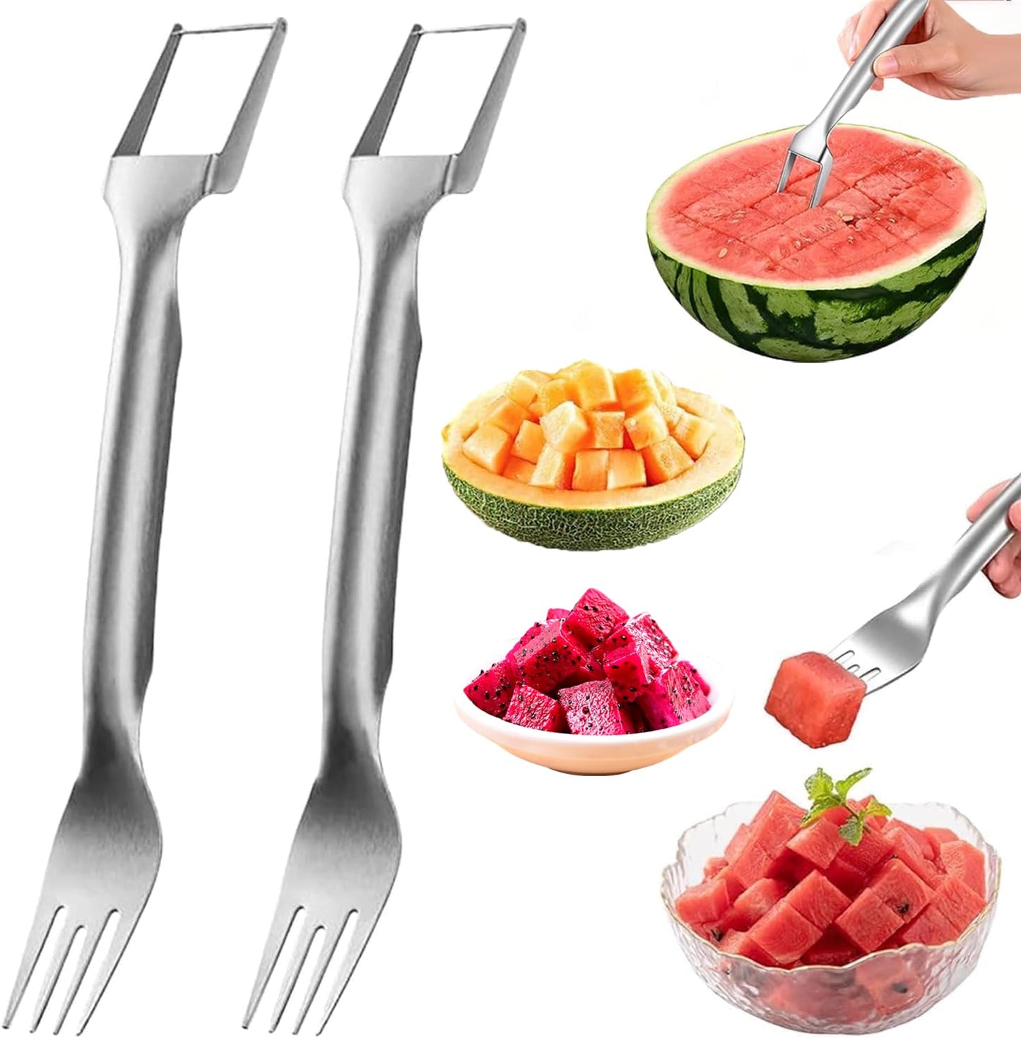 Watermelon Cutter，2-in-1 Stainless Steel Fruit Cutter, 2025 New Upgrade Dual Head Watermelon Fork Slicer Tool, Summer Fruit Cutting Home Kitchen Gadgets (2Pcs)