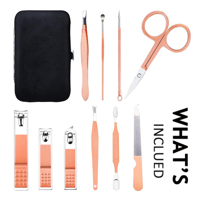 Manicure Set 10 in 1 Stainless Steel, Nail Clippers Scissors Pedicure Tools Kit - Portable Travel Grooming Kit for Men and Women with Leather Case (Jade Green)