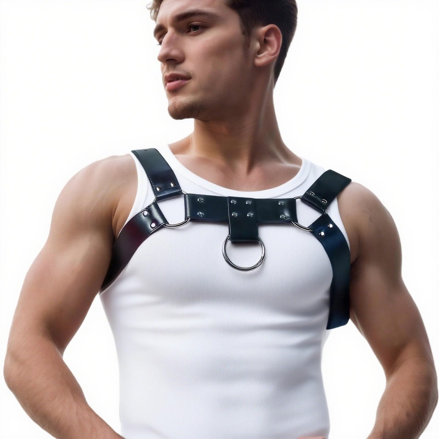 RTeczSolve Men's Chest Harness Belt, Body Harness for Men, Adjustable PU Leather Male Punk Chest Belt Shoulder Harness Muscle Show Fashion Costumes for Cosplay and Party