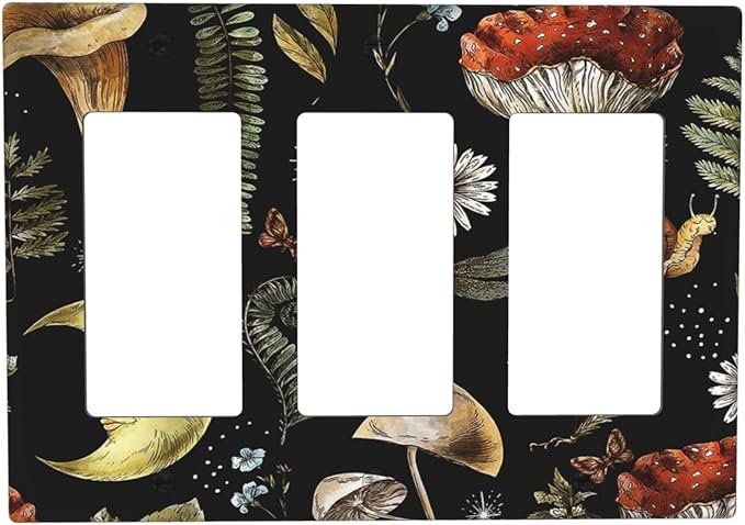 Nature Plant Botanical Daisy Mushroom Snails And Moon Triple Rocker/Decora Wall Plate 3 Gang Light Switch Outlet Cover Plate Decorative Switchplate Electrical GFCI Faceplate for Bedroom Decor