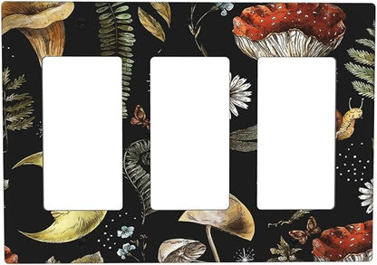 Nature Plant Botanical Daisy Mushroom Snails And Moon Triple Rocker/Decora Wall Plate 3 Gang Light Switch Outlet Cover Plate Decorative Switchplate Electrical GFCI Faceplate for Bedroom Decor