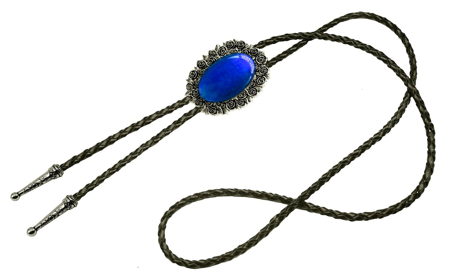 Moranse Bolo Tie With Emerald Blue and Black or More Colors Stone Celtic Style Genuine and Cowhide Rope (Rose Stone Blue)