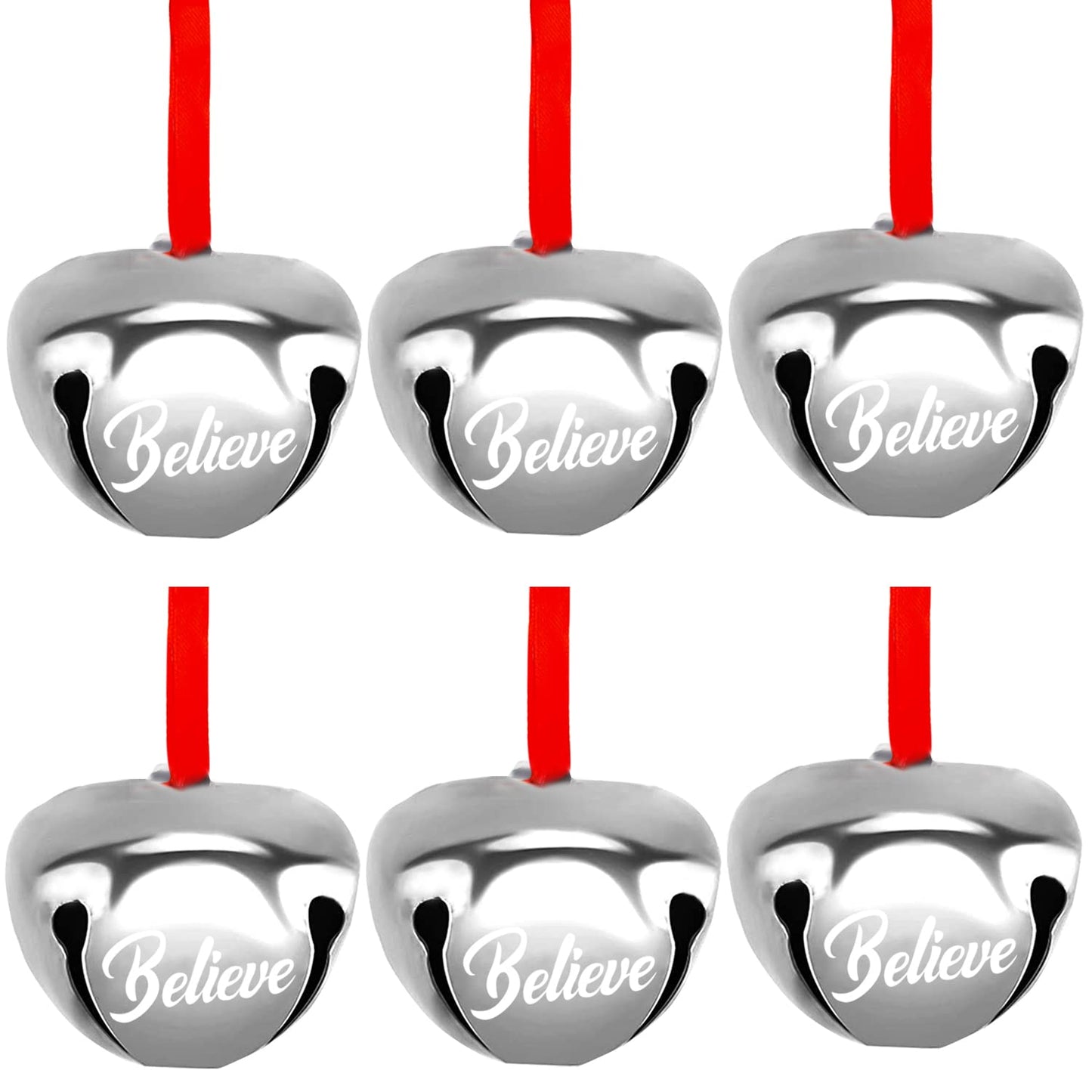 FOIMAS 12pcs 1.6 Inch Believe Bell Ornament Metal Christmas Sleigh Bells with Red Ribbon for Christmas Tree Holiday Decoration,Silver