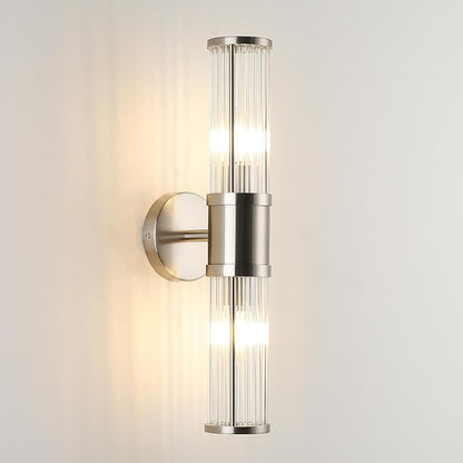 Brushed Nickel Bathroom Light Fixture, Industrial Up & Down Wall Vanity Sconce Indoor Farmhouse Glass Rods Bath Vanity Light Mirror Lighting Lamps Wall Mounted E12 Socket(Without Bulbs)