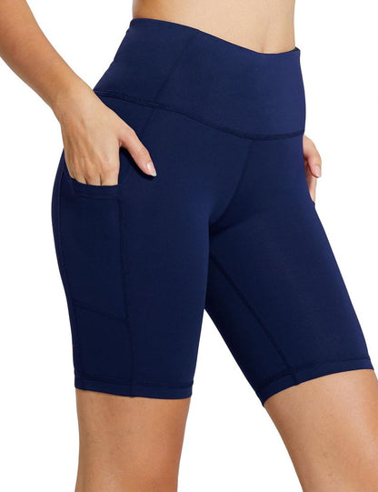 baleaf Women's High Waist Biker Shorts Tummy Control Spandex Shorts with 3 Pockets for Yoga Running Workout Compression 8" Navy Blue L