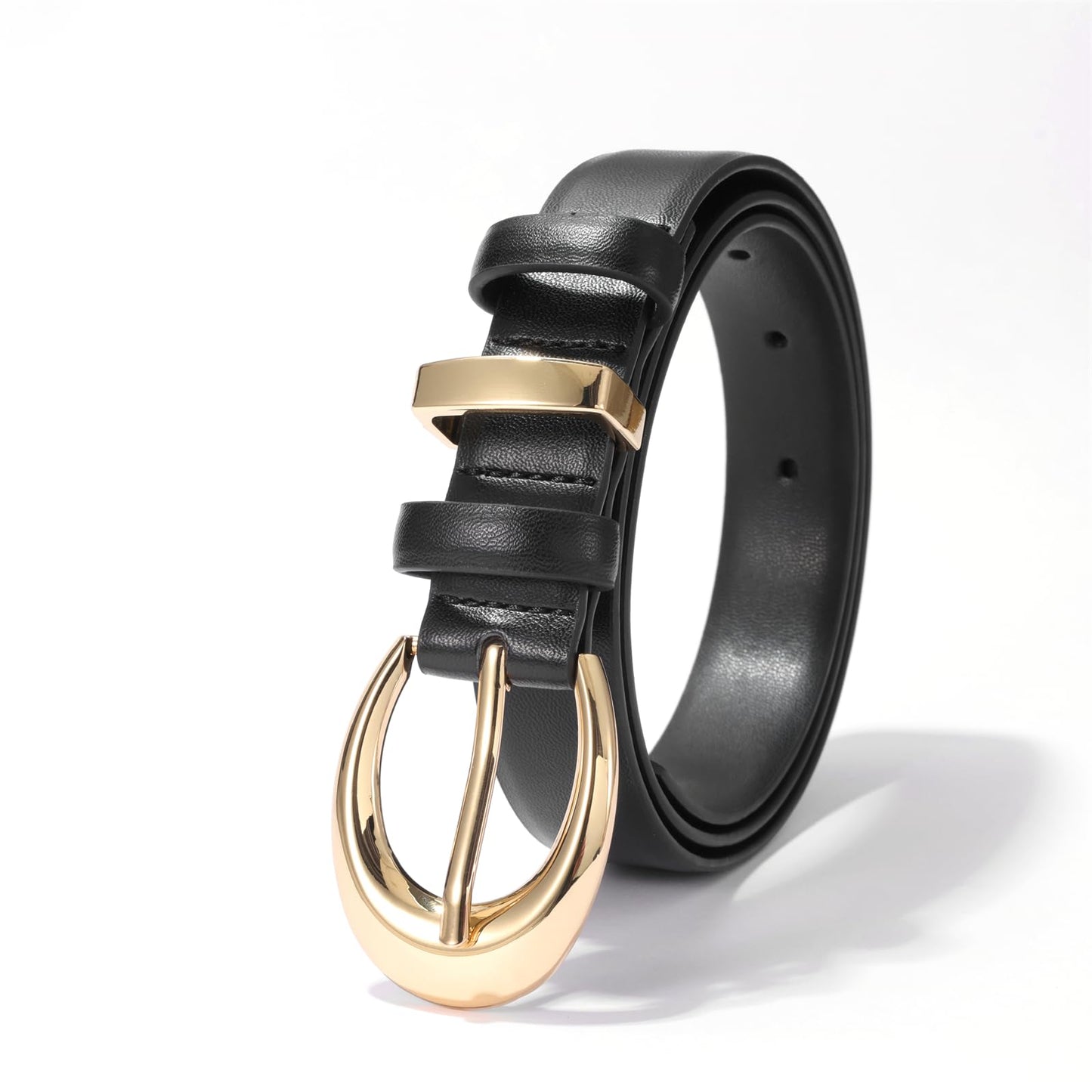 KONQUWA Women's Cow Leather Belt for Jeans Pants Fashion Ladies Skinny Dress Waist belt with Gold Buckle (Black/Gold Buckle,37″-43″)