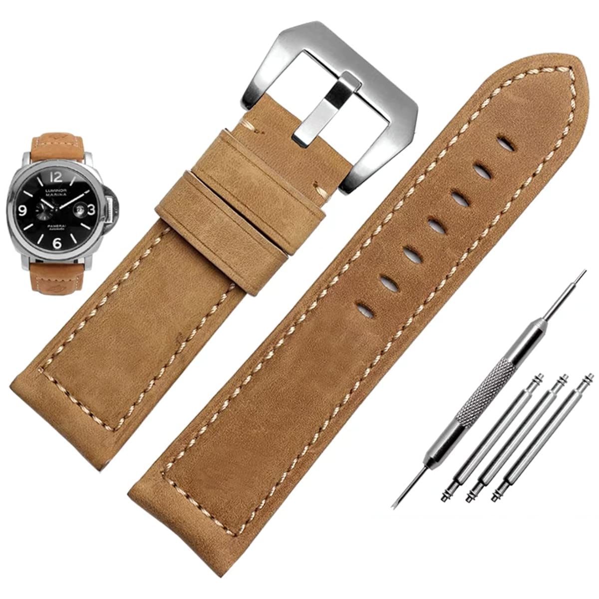Niziruoup 24mm Leather Watch Bands for Men, Vintage Top Grain Leather Watch Strap Compatible with Panerai Watch Band, Genuine Leather Bracelet Watch Replacement Band, Khaki