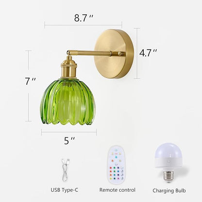 Vintage Battery Operated Wall Sconce 1 Pack, Green Tulip Glass Shade Gold Wall Lamp with 12 Inch Cable Switch, Modern Bathroom Wall Sconces for Bedroom Corner Hallway