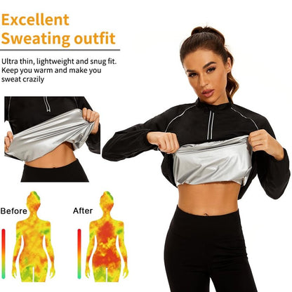 NINGMI Sauna Suit for Women Sweat Jackets Long Sleeve Shirt Weight Loss Workout Zipper Gym Exercise Body Shaper