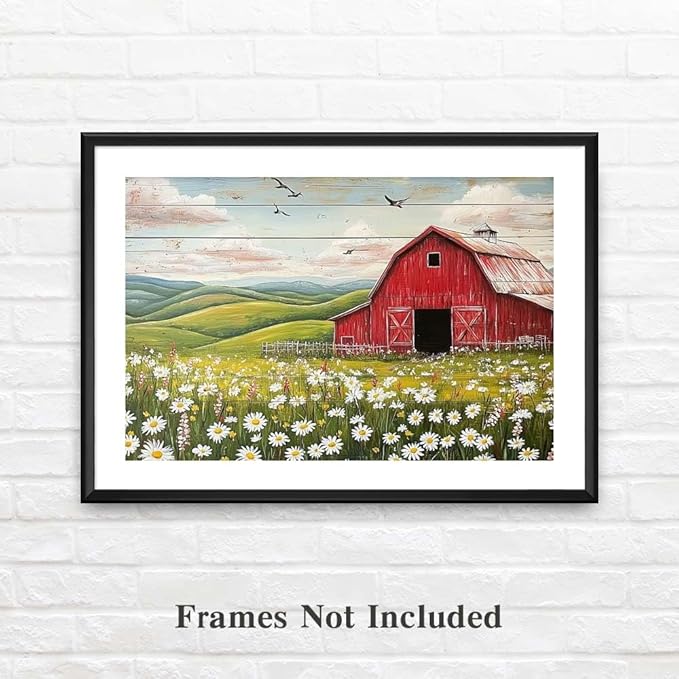 Yesad Country Red Barn Pictures, Daisy Canvas Wall Art Wildflower Meadow Poster Flower Print Rustic Farmhouse Decor Barn Painting Wall Decor Home Decoration for Living Room (Unframed,12"x8",Barn2)