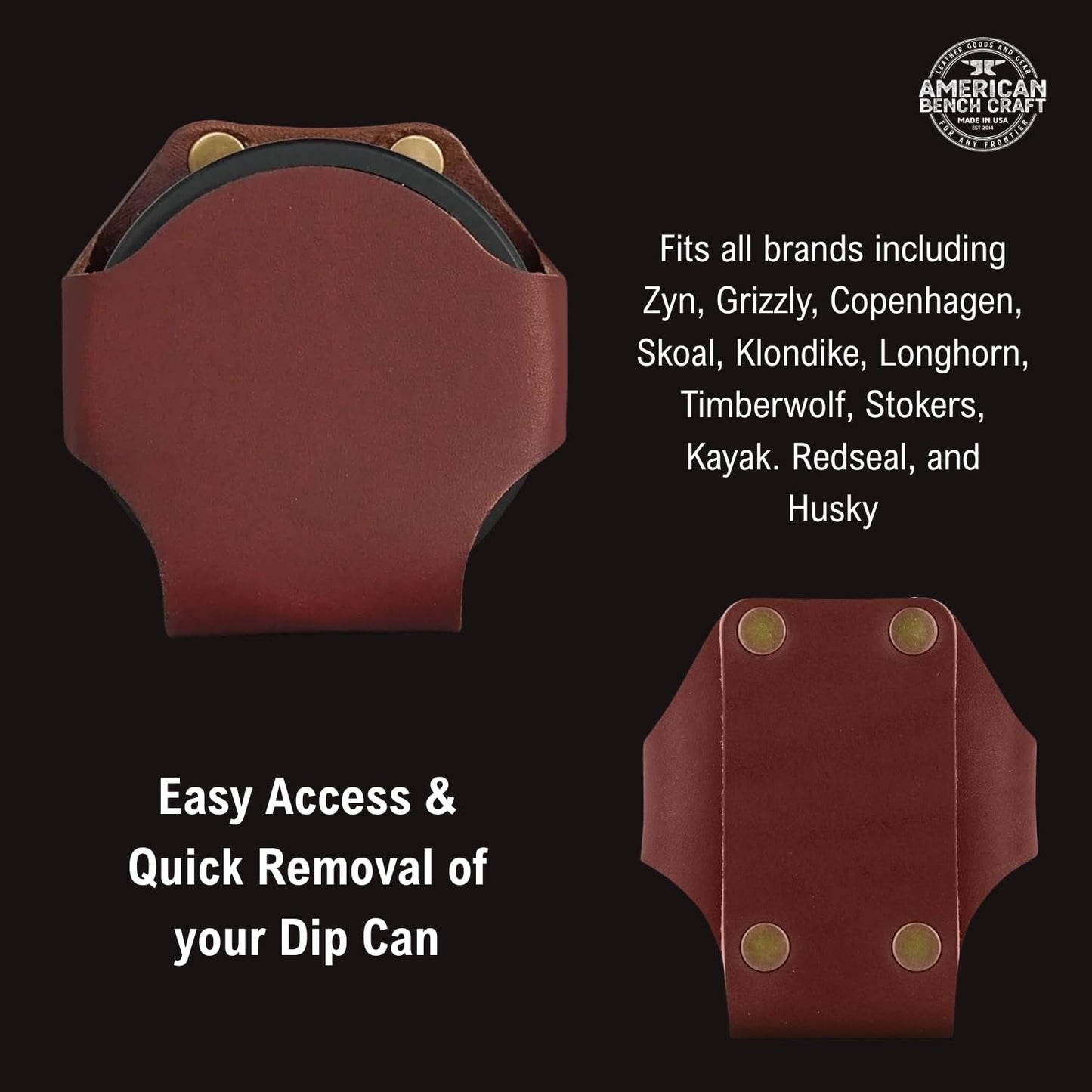 Leather Dip Can Holder (Black) – Slip-On Holster for Tobacco, Snuff & ZYN-Size Nicotine Pouch Cans – Full Grain Leather Belt Pouch w/Solid Brass Rivets – Durable Belt Accessory for Men