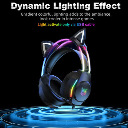 ONITOON Gaming Headset with Microphone, Cat Ear Headphones for PC Laptop PS4 PS5 Xbox Switch, Rainbow RGB Lighting & Virtual Surround Sound, 3.5mm Wired Over Ear Headphones, Ergonomic
