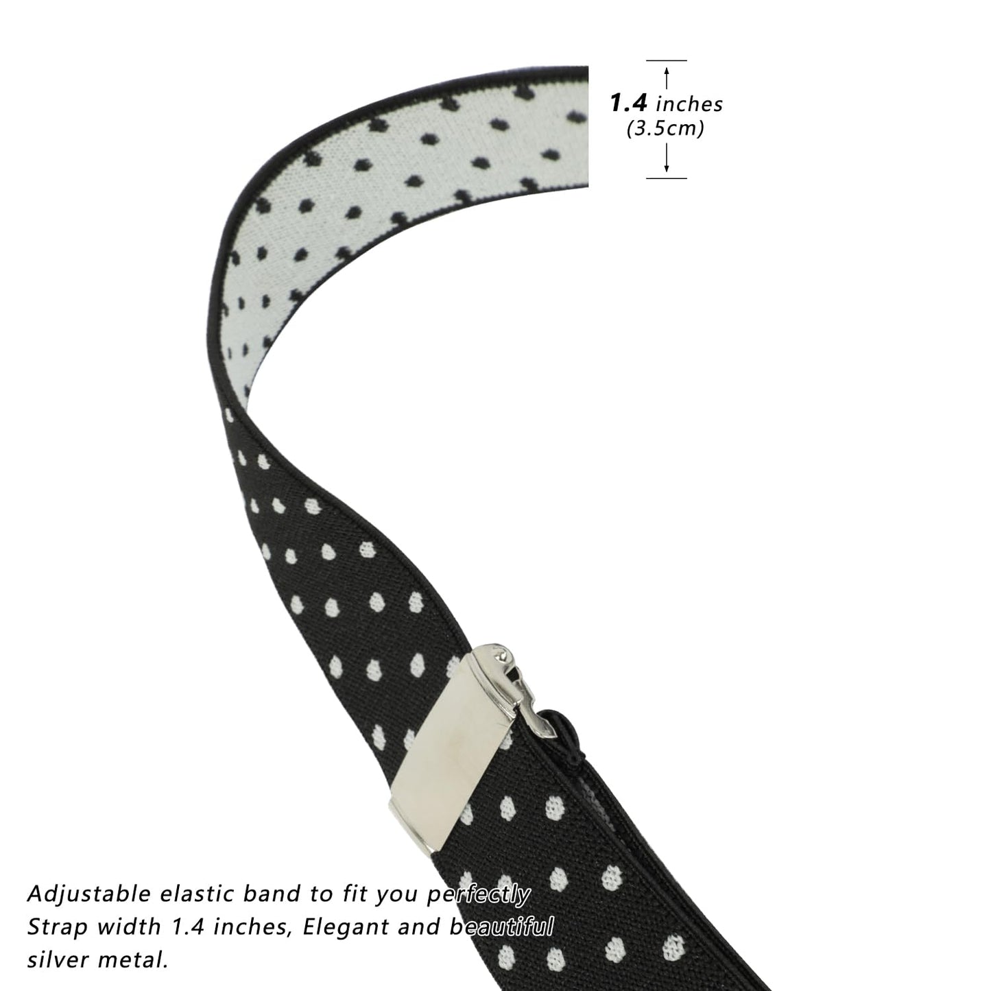 LEHOMU Suspenders for Men with leather 6 Heavy-Duty Clips, 1.4 Inches Wide Men's Suspenders Y-Back Adjustable Elastic Fit for Work or Casual Wear,Black and White Dots