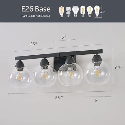 4-Light Bathroom Vanity Light, Matte Black Wall Sconce with Hand-Crafted Thick Glass Shades, High Transparency & Few Flaws, Perfect for Mirror, Bedroom, Hallway