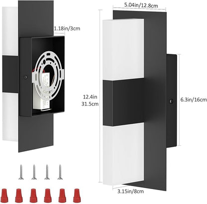 12.4 inches Modern Outdoor Led Wall Light,30W 3000K Porch & Patio Hardwired Wall Sconces with White Clear Acyrlic Lampshade,IP65 Waterproof Exterior Wall Lamp for Garage Garden(Black,2Pack)