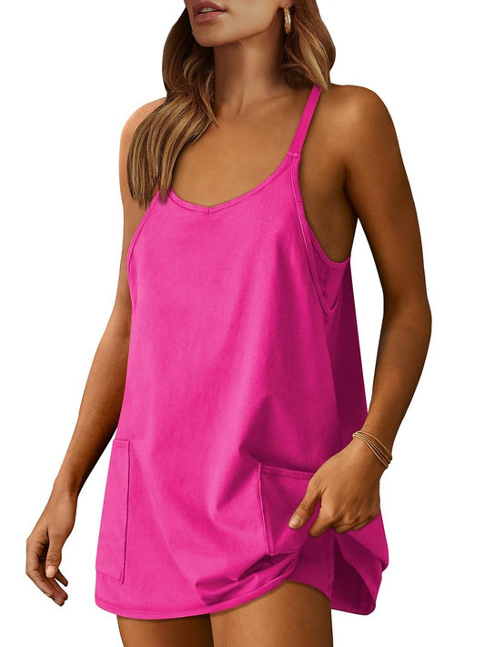 ANRABESS Women Athletic Dress Summer Tennis Workout Active Sports Mini Romper Dress Built in Shorts Travel Vacation Clothes Hot Pink X-Large