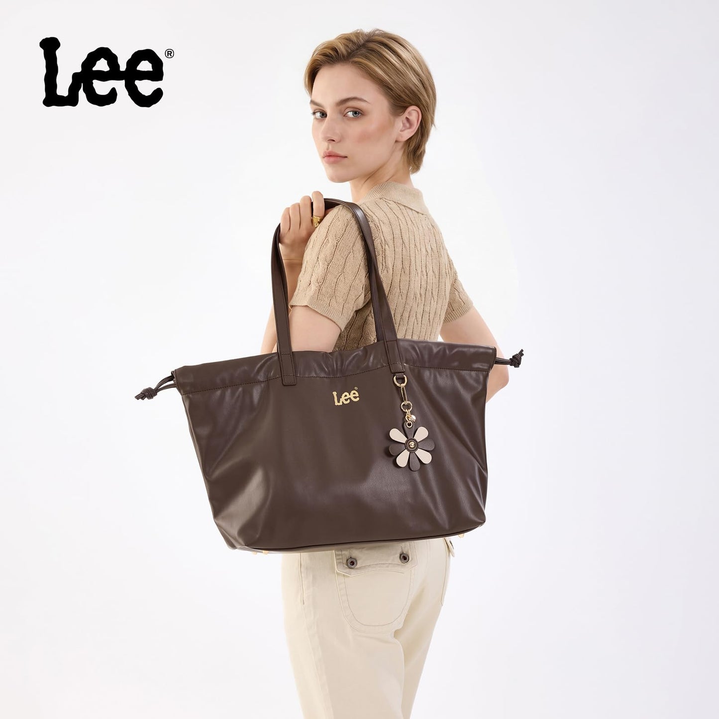 Lee Leather Tote Bag for Women, Spacious Vegan Leather Shoulder Bag & Handbag with Drawstring Closure, Durable Shoulder Straps, Large Capacity Work & Travel Purse, LEE73-001CF