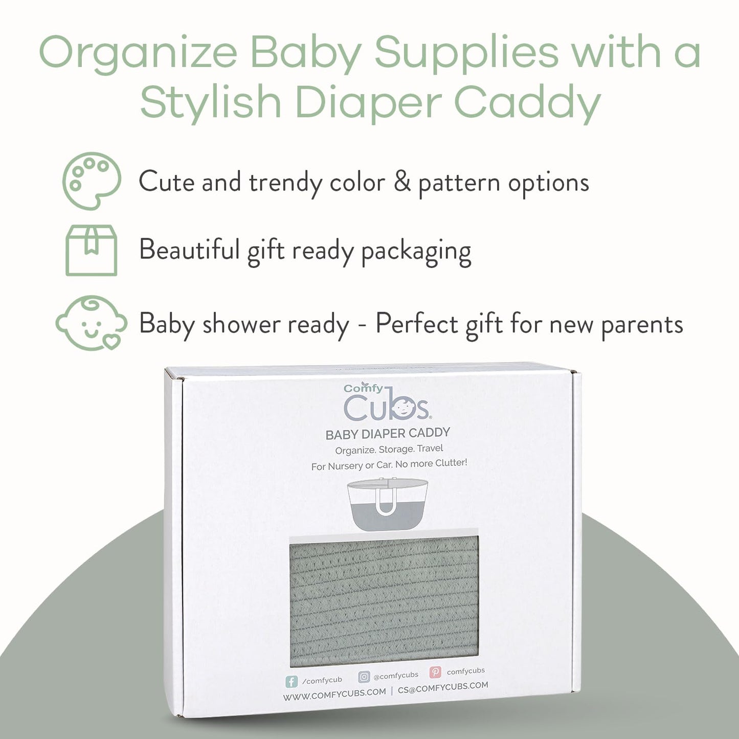 Comfy Cubs Rope Diaper Caddy Organizer 8.5" x 15" x 8" - Large Baby Diaper Basket with 3 Spacious Compartments - Stylish Cotton Baby Caddy Organizer for Diapers, Wipes & Essentials - Sage