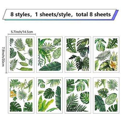CRASPIRE 8 Sheets Green Leaf Window Stickers Tropical Leaves PVC Waterproof Self Adhesive Summer Wall Decals Natural Palm Plant Rectangle Removable for Stairway Home Decoration TV Wall Art
