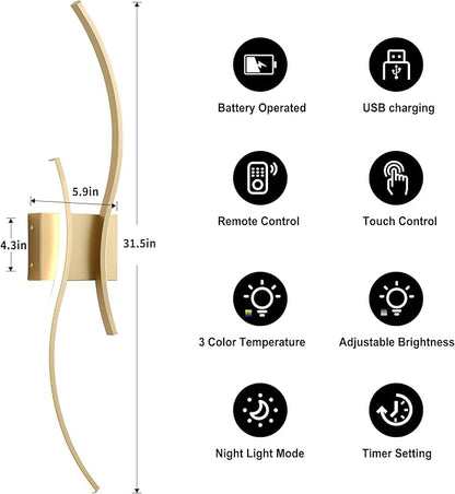 Battery Operated Wall Sconces Set of Two with Remote Control, Stepless Colors 3000K-6000K & Dimming, LED Gold Wireless Wall Light for Living Room, Hallway, Bedroom, 31.5 Inch (2 Pack)