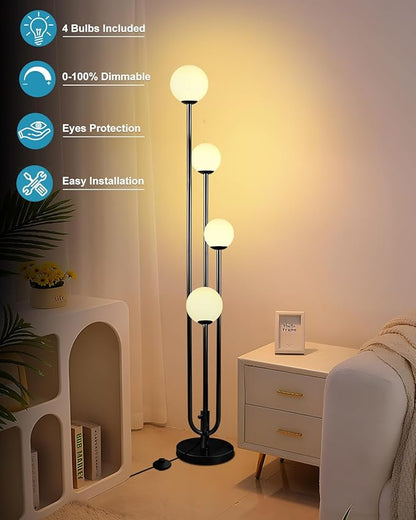 Lightdot Black Globe Floor Lamp 4-Lights Dimmable Floor Lamps with Tray 3000K Bulbs Included Unique Candle Standing Lamp for Living Room/Bedroom