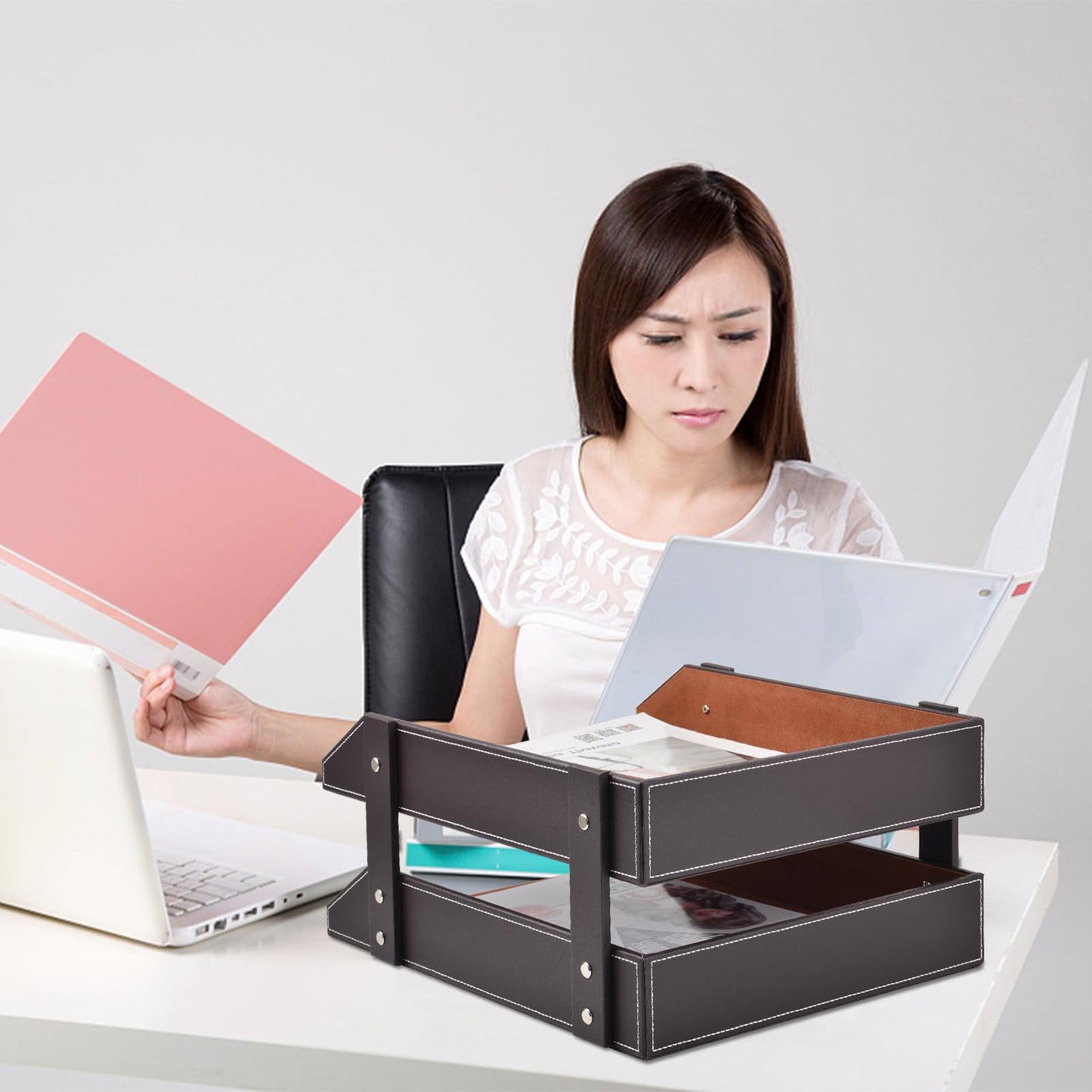 XNONE Leather Desk Organizer,2-Tier Stackable Letter Tray Holder,Office Supplies Desktop Storage Box for Document,Stationery,Magazines,Newspapers,Letters and Other Home Office Paper Sundries,Coffee