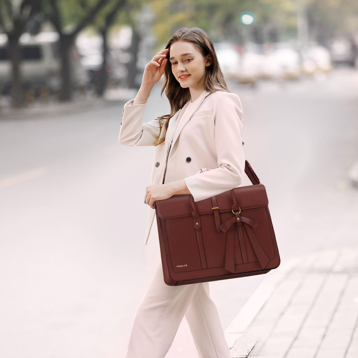 MOSISO Laptop Bag for Women, 17 inch PU Leather Laptop Shoulder Bags Convertible Backpack, 17.3 inch Messenger Bags Casual Handbag Work Briefcase Travel Computer Bag with Bowknot, Brown