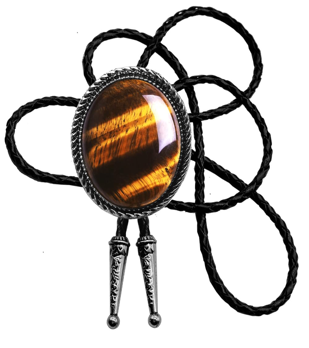 Moranse Bolo Tie with Natural Tiger Eye Stone Celtic Style Genuine and Cowhide Rope(Tiger Eyes 3 Style)