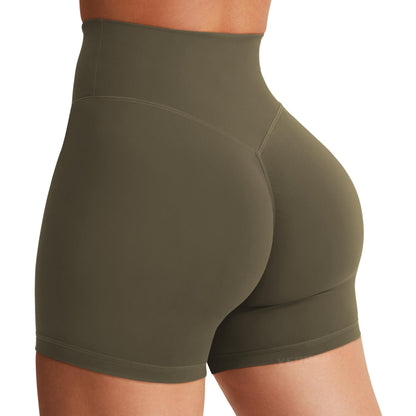 YEOREO Women's Biker Shorts 4.5" / 6" Workout Gym Shorts Craze High Waist Tummy Control Hidden Scrunch Running Yoga Olive Green XL