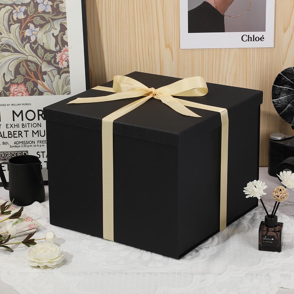 OBMMIRAO Large Gift Box with Lid 12.5x12.5x10 Inches, Black Gift Boxes for presents Packaging for Birthdays, Valentine's Day, Christmas, Anniversaries (Include Shredded Paper Fill, Envelope Card Ribbon)