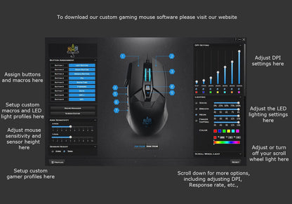 MOJO Silent Dual Mode Wireless Rechargeable Gaming Mouse - Ultra Fast Tournament Level Performance Mouse for PC Gaming w/Adjustable DPI (1000-4800), Custom Software, Macros, and More