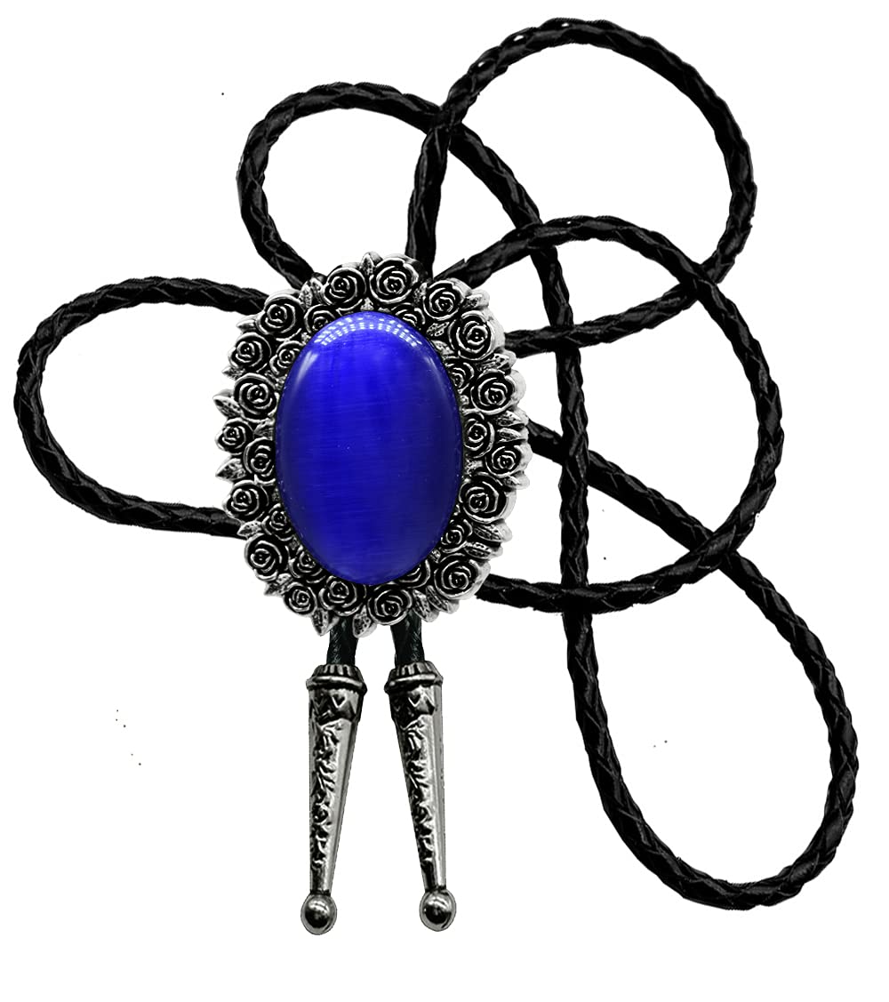 Moranse Bolo Tie With Emerald Blue and Black or More Colors Stone Celtic Style Genuine and Cowhide Rope (Rose Stone Blue)