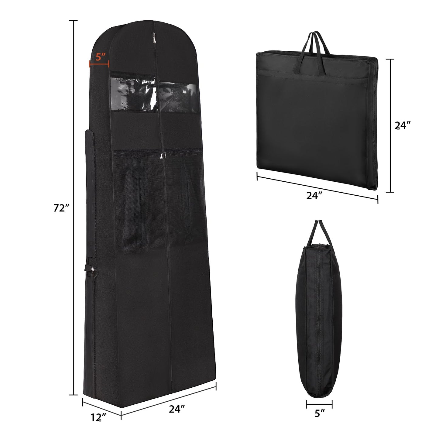 Univivi Wedding Dress Travel Bag for Airplane, Extra Long Wedding Gown Garment Bag with Accessory Pockets, 72 Inch Trifold Heavy Duty Dress Bags for Gowns for Travel and Closet Storage (Black)