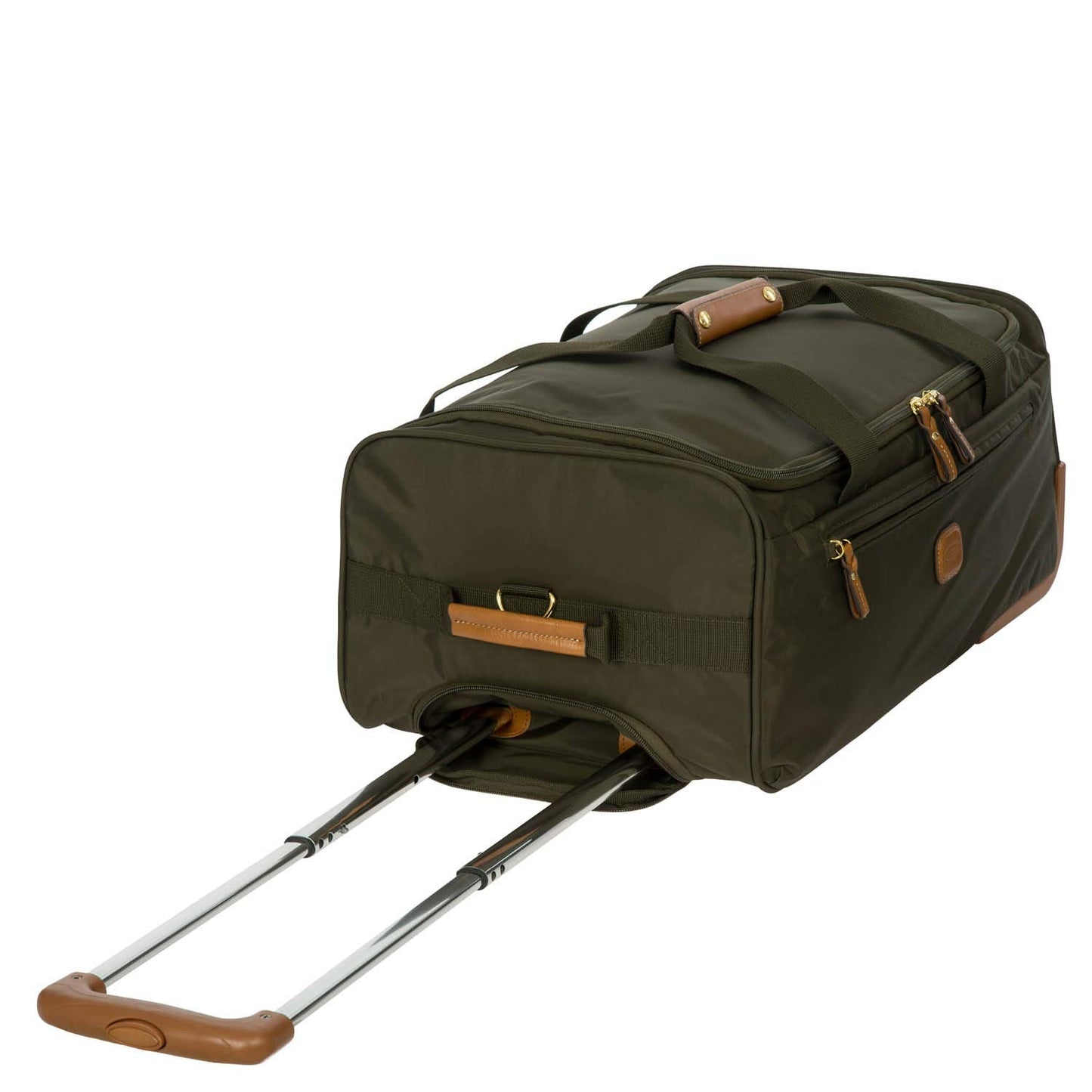Bric’s X-Bag 21” Rolling Duffel – Water-Resistant Recycled Nylon Carry-On with Silent Wheels, Leather Details, Exterior Zipped Pocket, Garment Straps & Detachable Shoulder Strap – Olive