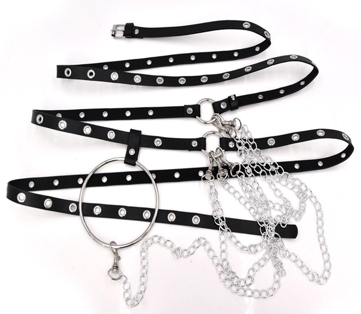 HUI GUO Women's Gothic Body Chain Belt Leather Punk Waist Belt with O-ring Metal Chain Tassel Adjustable Buckles(Black3), One Size