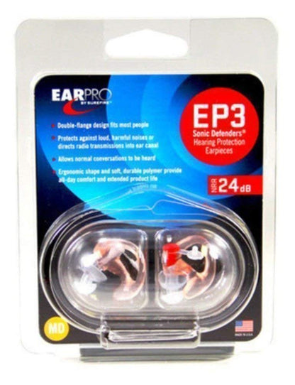 SureFire EP3 Sonic Defenders filtered Earplugs, double flanged design, reusable, Clear, Medium