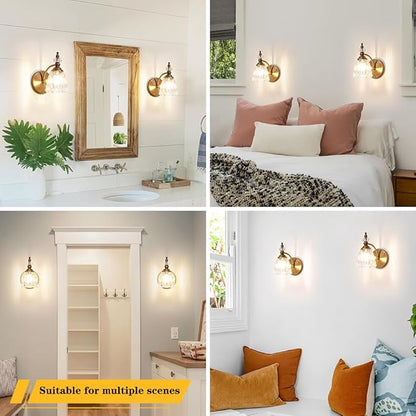 Vintage Brass Wall Sconces Set of Two, Brushed Gold Bathroom Vanity Light Fixtures, Hardwired Sconces Wall Deco Set of 2, Glass Wall Lights for Bathroom, Bedroom,Hallway (Excludes G9 Bulb)