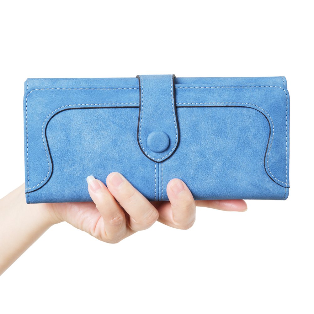 Cynure Women's Vegan Leather 17 Card Slots Card Holder Long Big Bifold Wallet,Light Blue