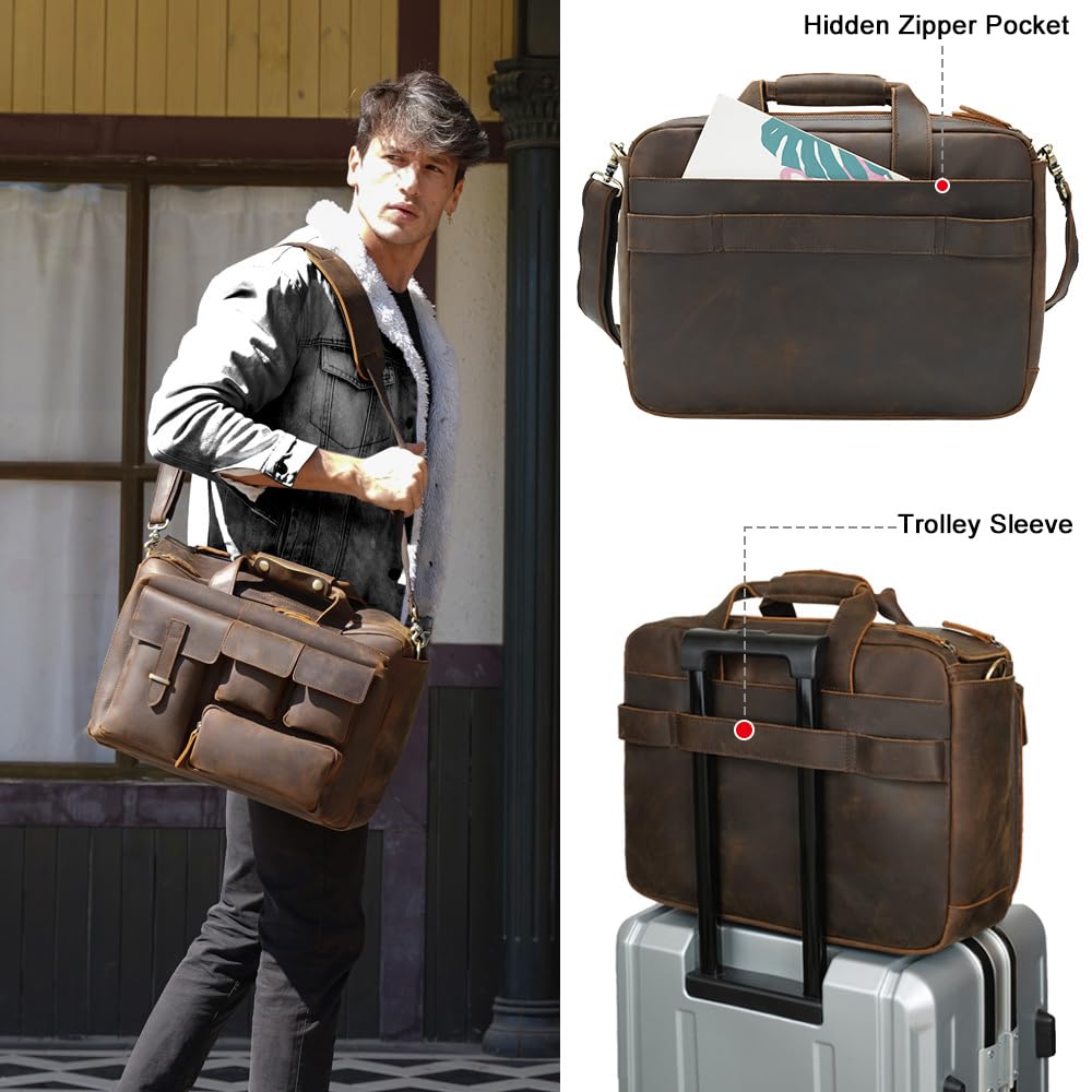 TIDING Full Grain Leather 17.3 Inch Laptop Briefcase for Men, Multi Pockets Work Bag Business Travel Messenger Shoulder Bag
