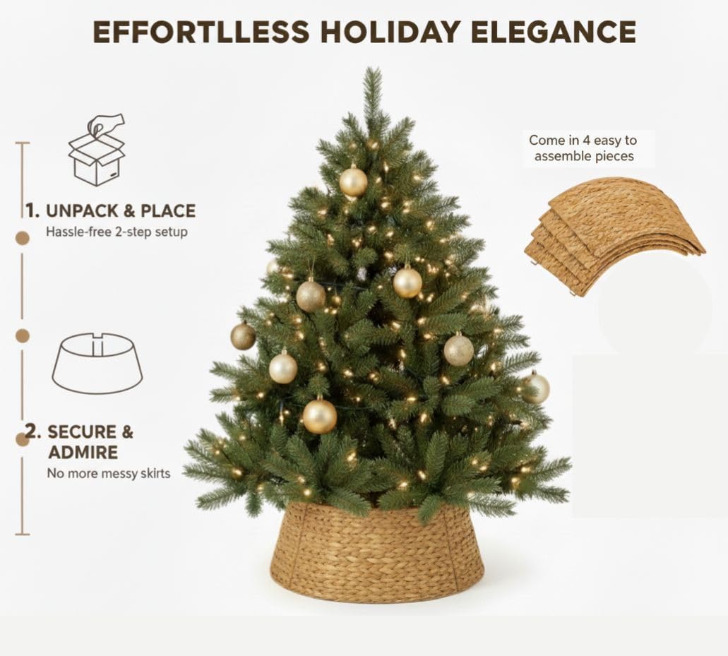 Hyacinth Christmas Tree Collar 27" - Natural Hand-Woven Basket Base Cover - Warm and Cozy Rustic Farmhouse Decoration - Tree Skirt Alternative - Tree Ring (Large)