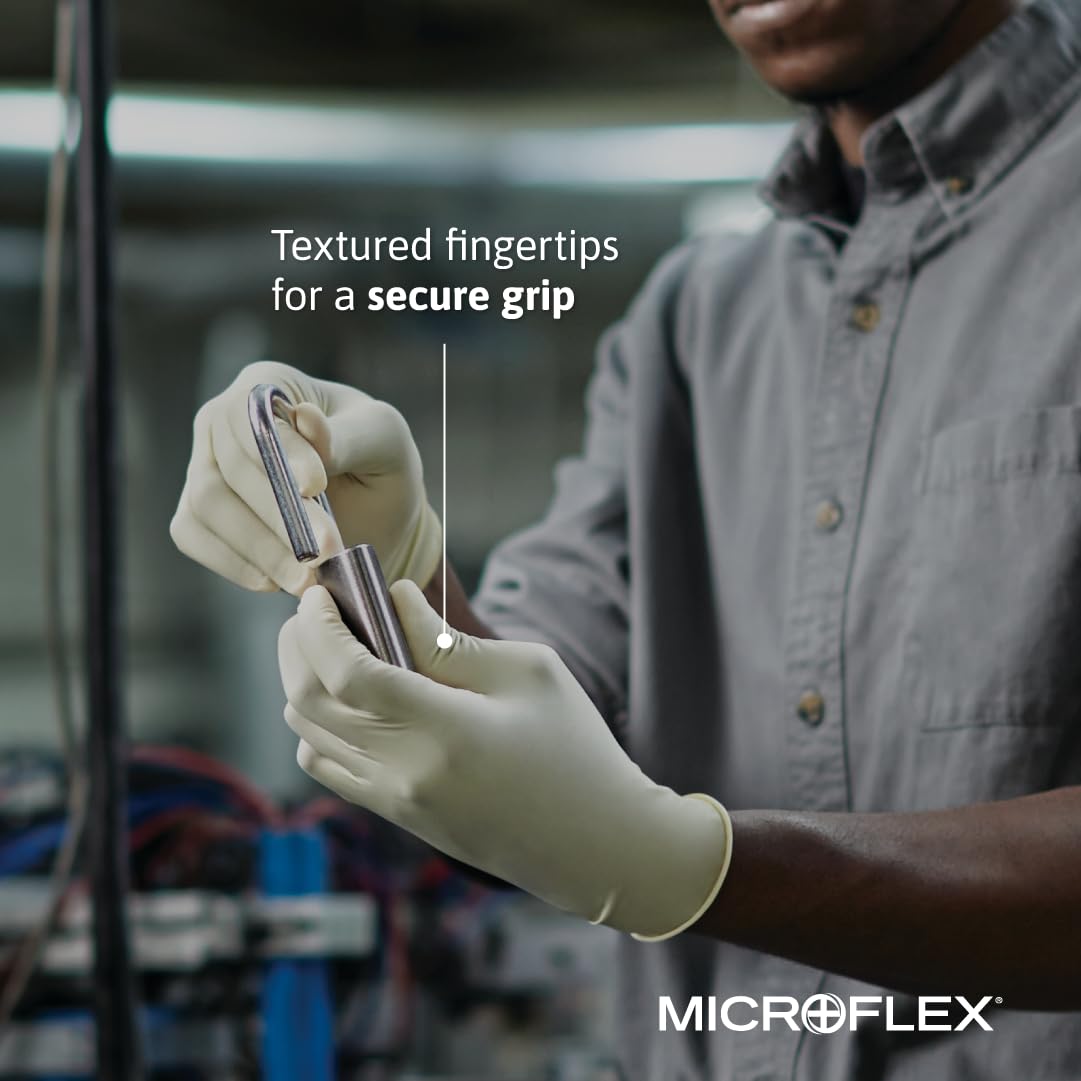 Ansell MICROFLEX Diamond Grip MF-300 Disposable Latex Gloves for Automotive, Healthcare, Machinery Industries - Med, Natural (Case of 1000)