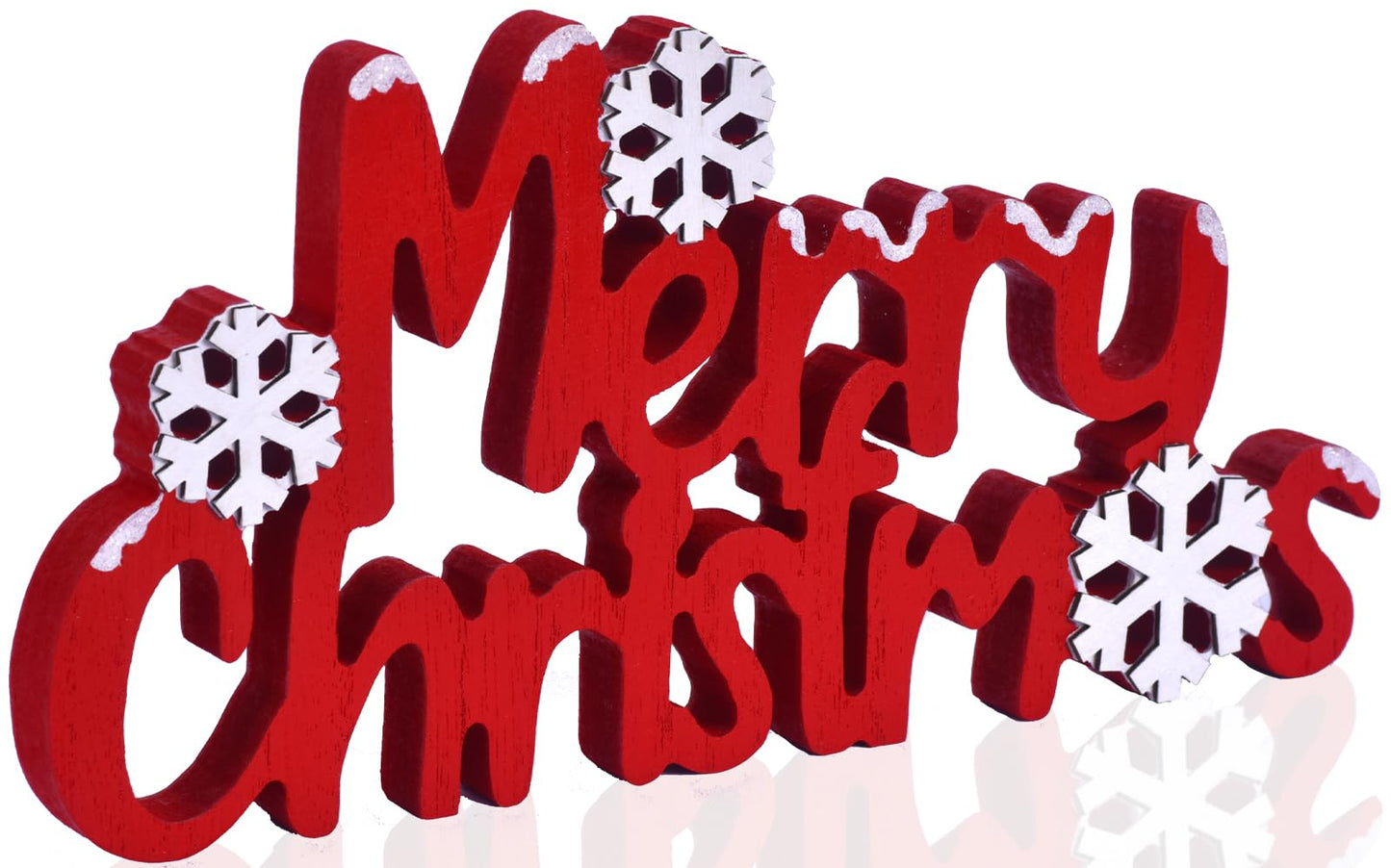 Merry Christmas Sign Wooden Tabletop Decoration, Freestanding Christmas Shelf Decor with 3D Snowflake, Red and White Xmas Decorations for Home, Mantle, Tiered Tray (Red)