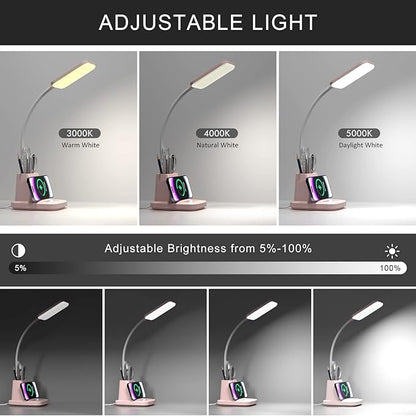 Desk Lamps for Home Office, LED Desk Lamp with Wireless Charger Pencil Holder, 3 Color Modes Dimming Desk Light for College Dorm Room, Girls Study Lamp with CRI 90+ 800 Lumen - Pink