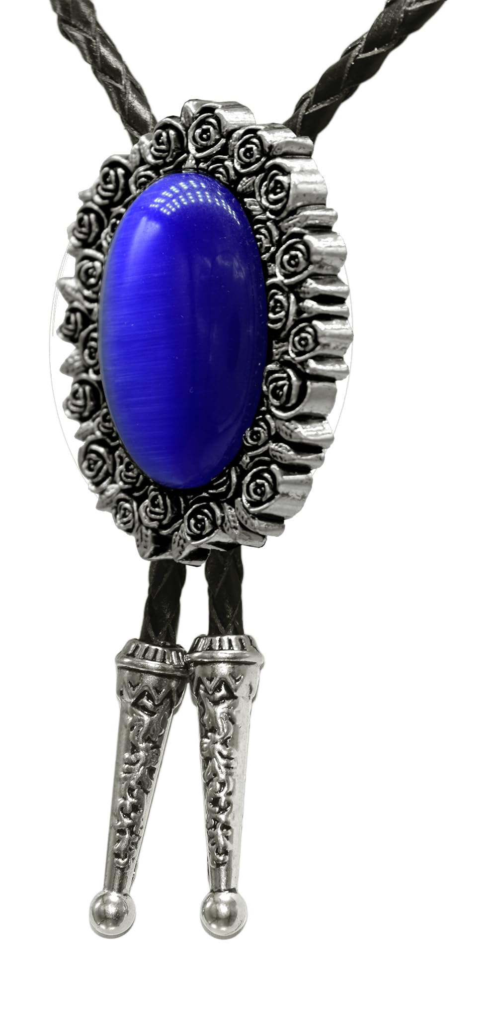 Moranse Bolo Tie With Emerald Blue and Black or More Colors Stone Celtic Style Genuine and Cowhide Rope (Rose Stone Blue)