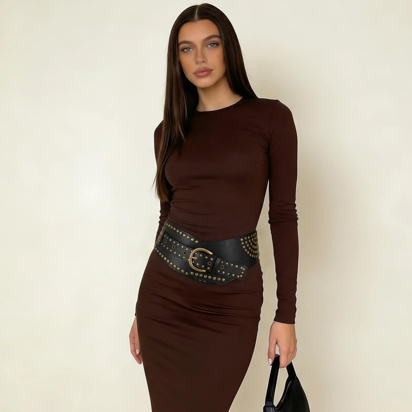 JASGOOD Women Vintage Wide Elastic Belt Rivets Studded Stretchy Waist Belt with Metal Buckle