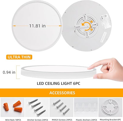 Hlite 6pack 12 inch Flush Mount LED Ceiling Light Fixture,24W 2400LM Super Slim Light Fixtures Ceiling Mount 3000K/4000K/5000K 3CCT Selectable,Light Fixtures for Kitchen,Bedroom (White)