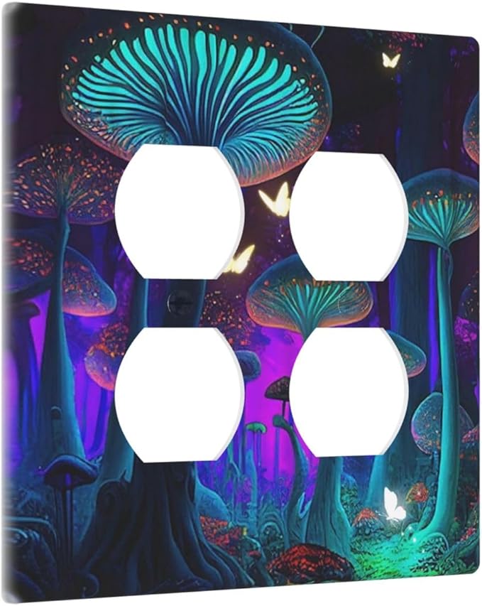 Decorative Light Switch Cover Plate Fantasy Mushroom Forest Glowing Butterfly 2 Gang Socket Covers Double Duplex Wallplates Switch Plates and Outlet Covers for Bathroom Home Decor
