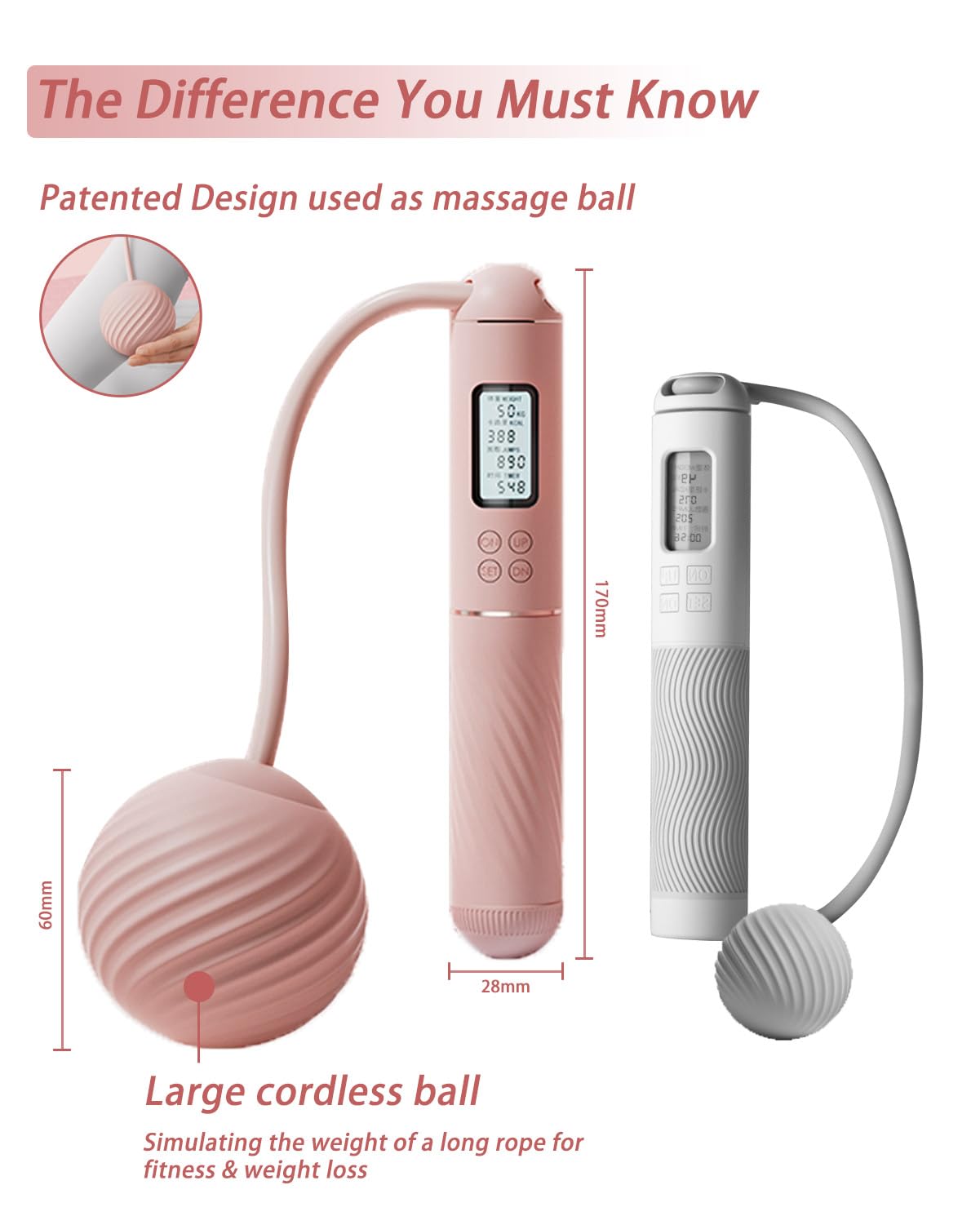 YOTTOY Cordless Jump Rope with Counter - Ropeless Jump Rope 2 In 1 with Large Cordless Ball-Weighted Jump Rope for Women with LCD Display (Pink)