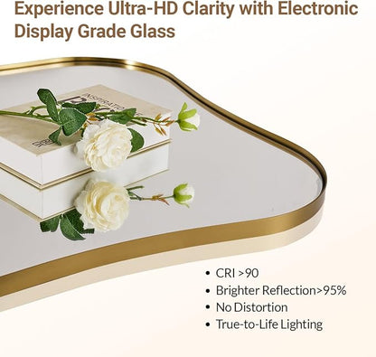 ANDY STAR 24x36 Inch Brushed Brass Scalloped Mirror, Modern Gold Bathroom Mirrors with Unique Notched Edges Design in 1 Inch Stainless Steel Frame Wall Mounted Horizontal/Vertical for Home Decor
